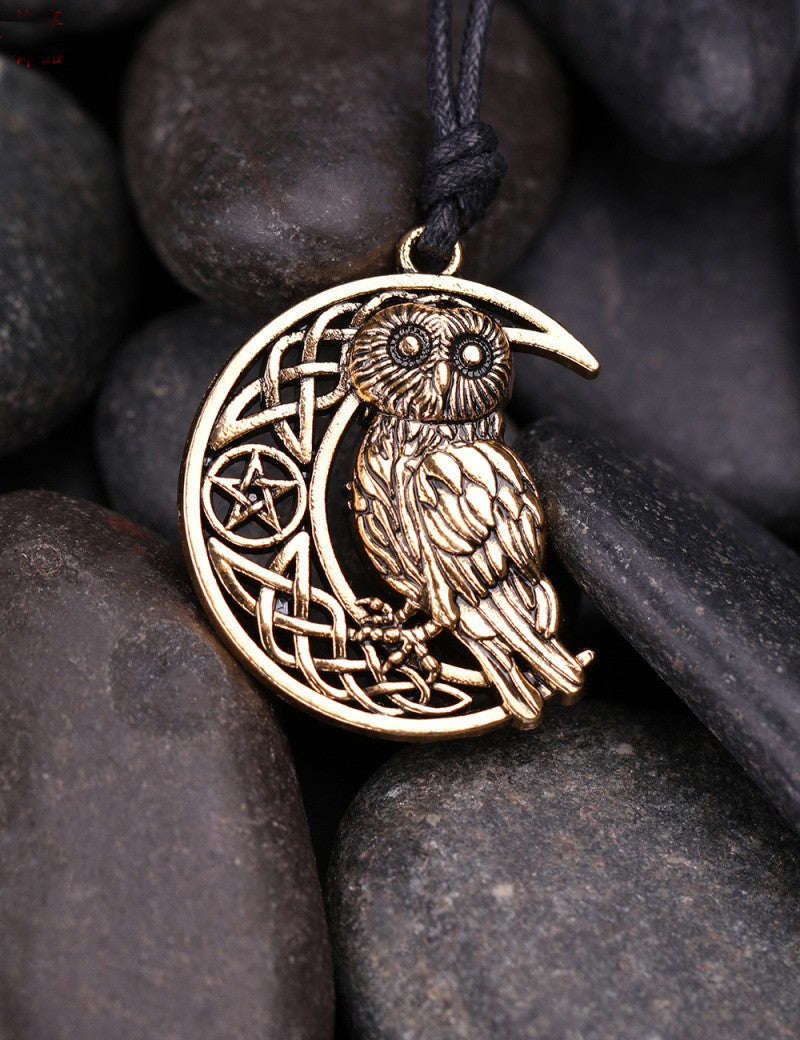 Mystical Owl and Crescent Moon Pentacle Necklace: A Wiccan Amulet for Owl Enthusiasts