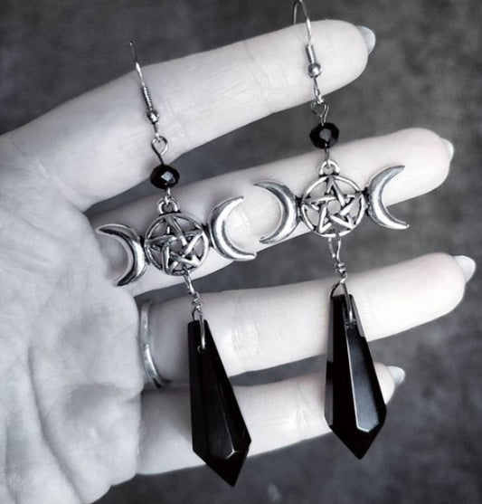Pentagram Pendulum Necklace and Triple Moon Drop Earring