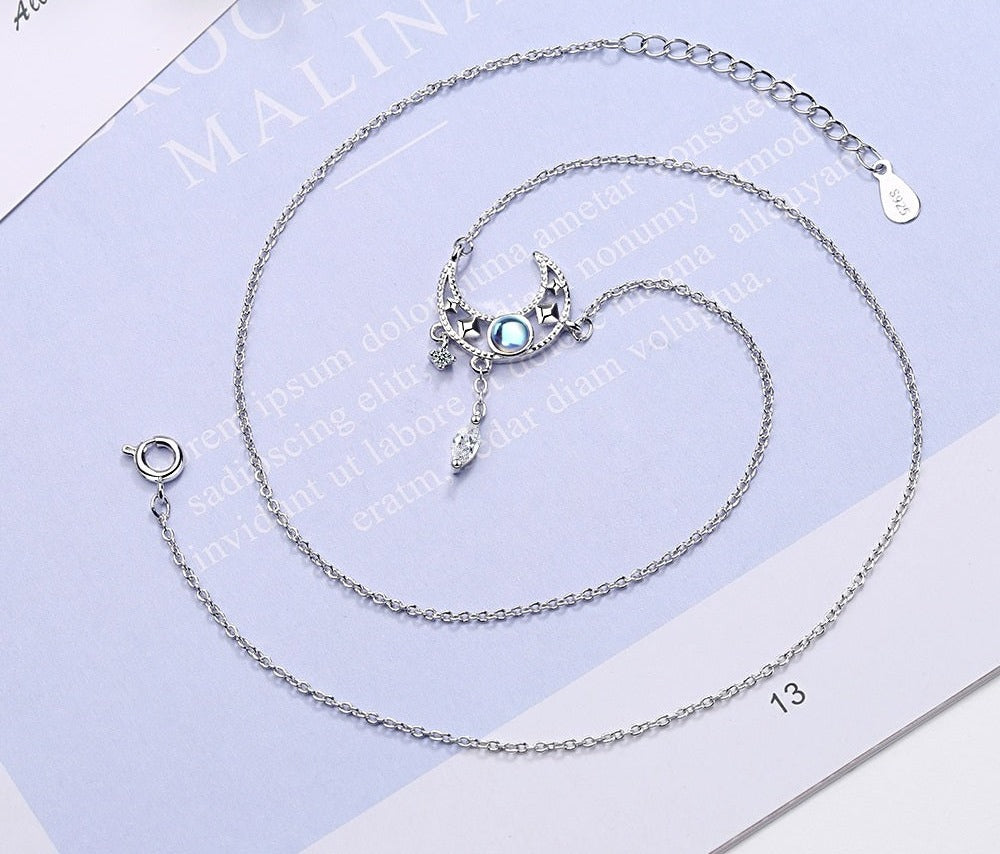 Mystic Blue Crescent Tassel Necklace