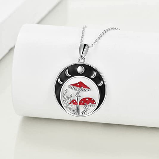 Mystical Lunar Cycle and Enchanted Red Mushroom Crescent Necklace