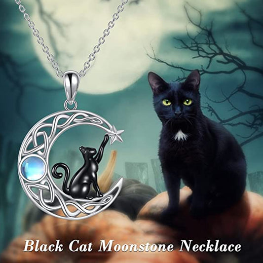 Black Cat Crescent Moonstone Necklace