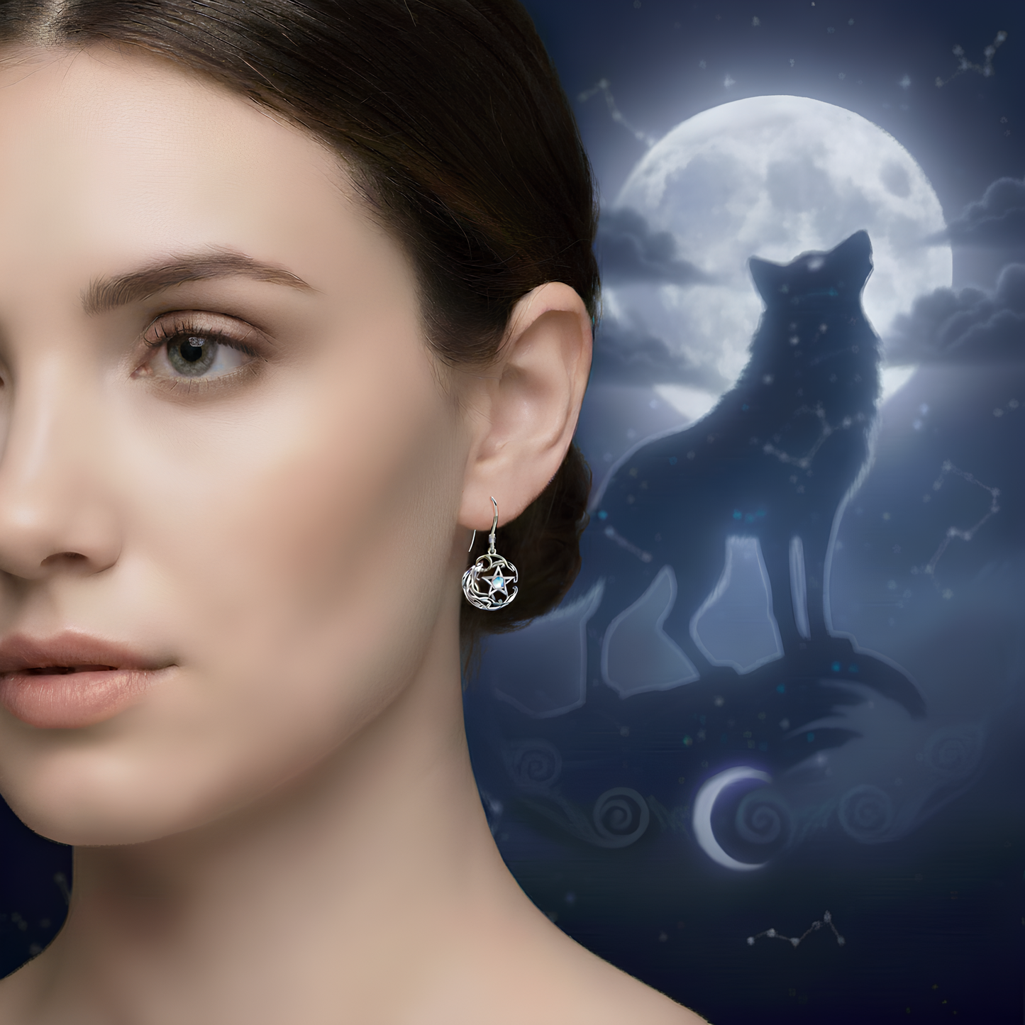 Lunar Wolf Pentacle Earrings