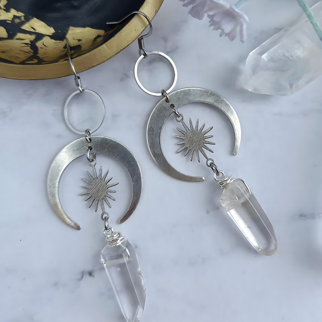 Lunar Aura Quartz Crescent Earrings