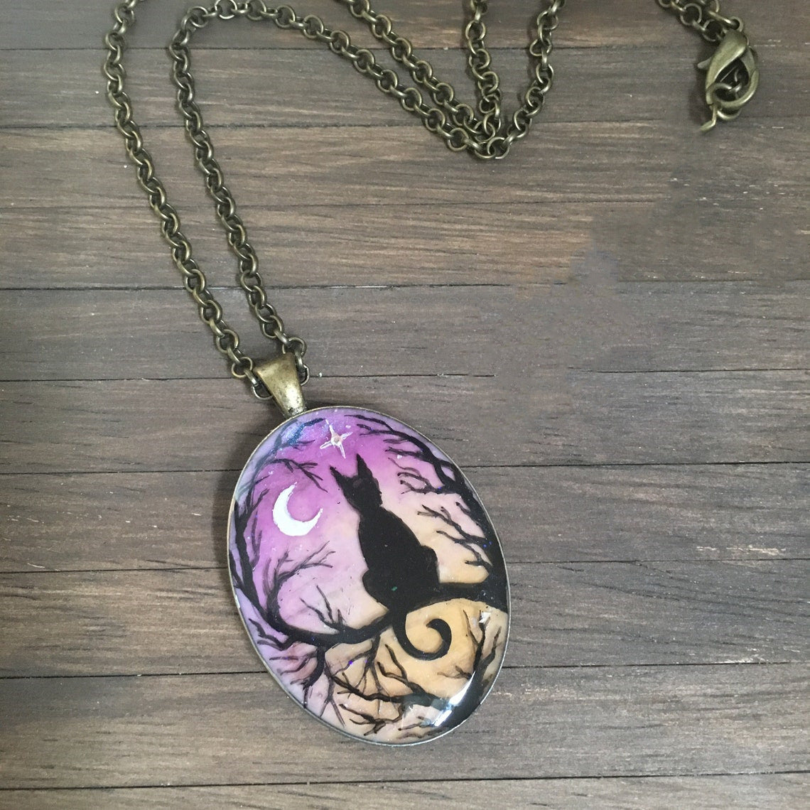 Mystical Autumn Delight: Starry Night Cat Resin Necklace