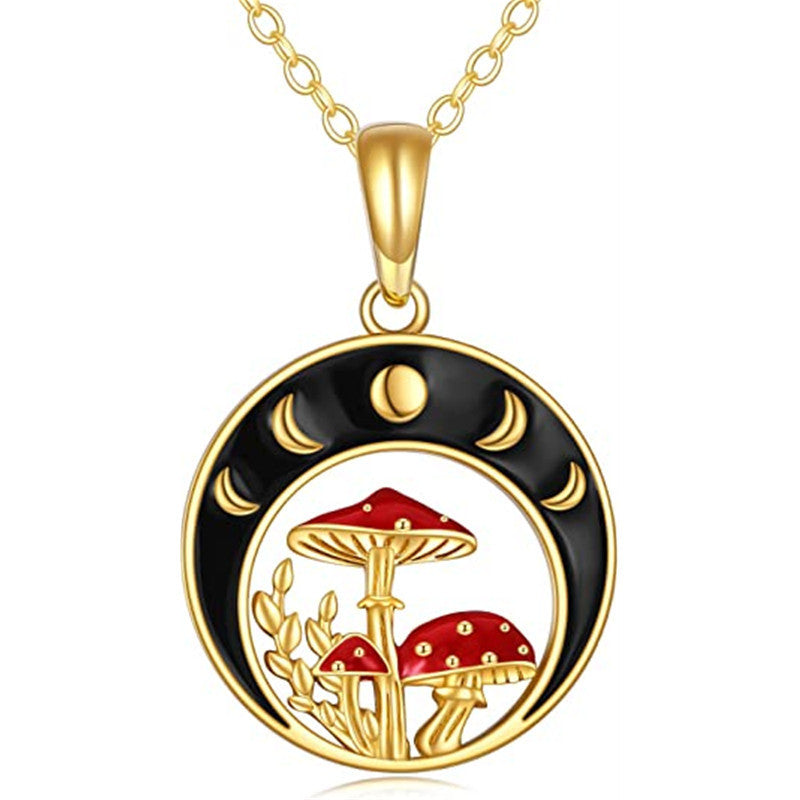 Mystical Lunar Cycle and Enchanted Red Mushroom Crescent Necklace