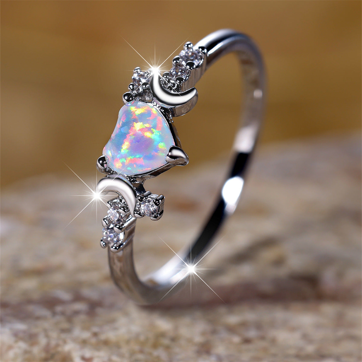 Lunar Enchantment Opal Heart Ring - Moon Goddess Embrace