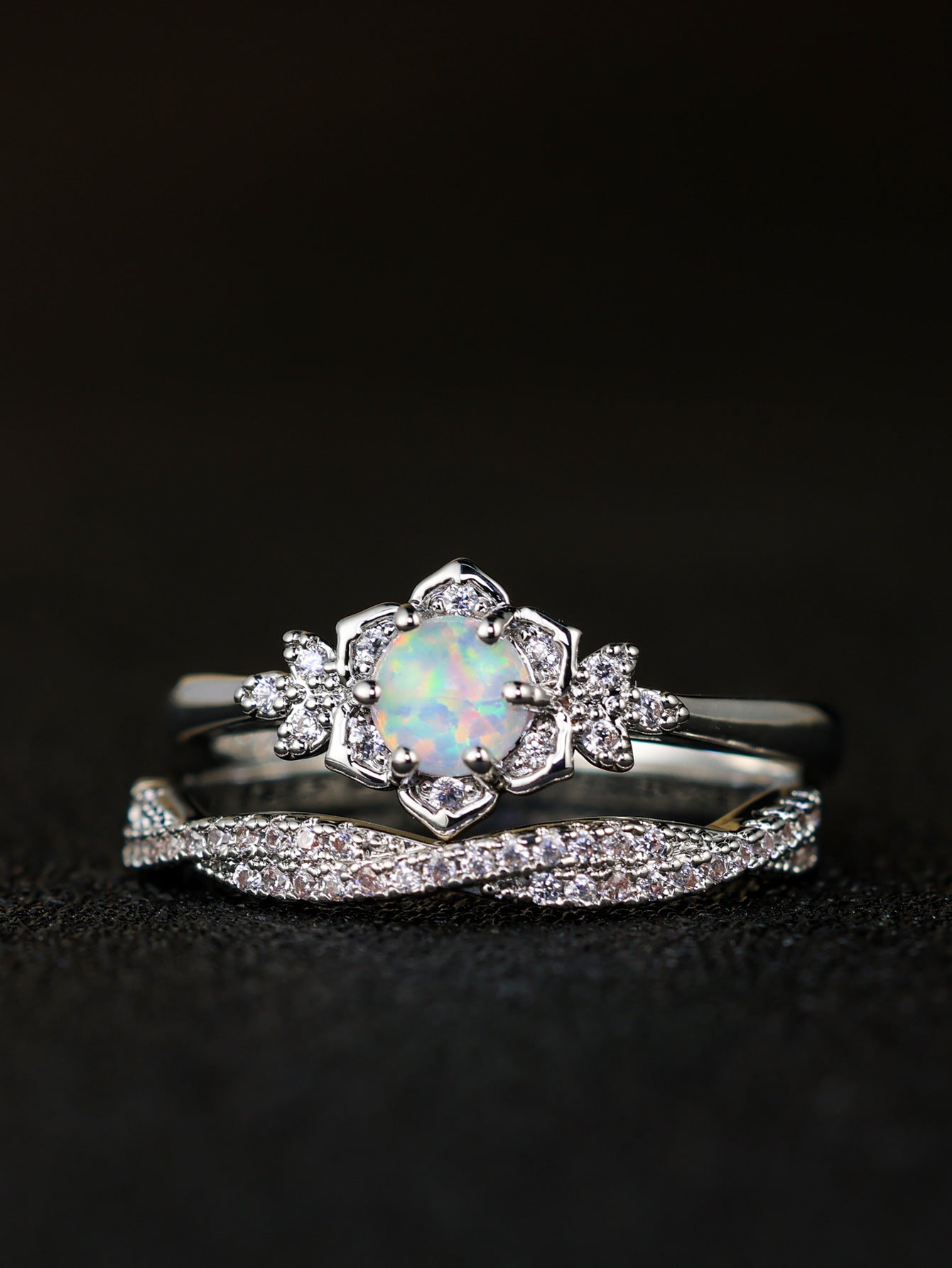 Floral Opal Blossom Ring Set