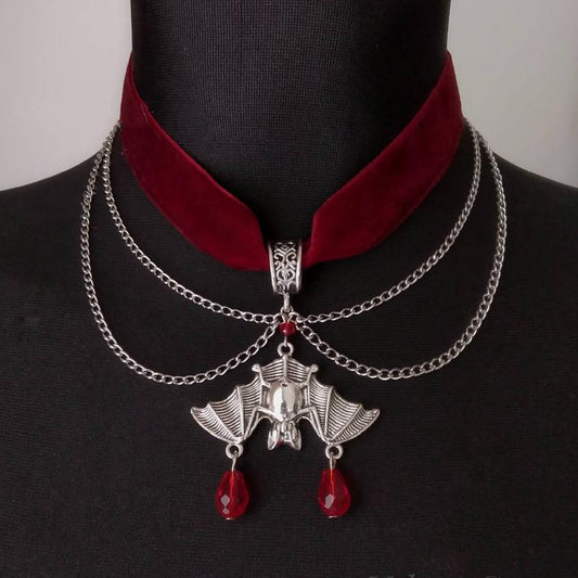 Gothic Enchantment: Crimson Velvet Choker with Midnight Bat Pendant