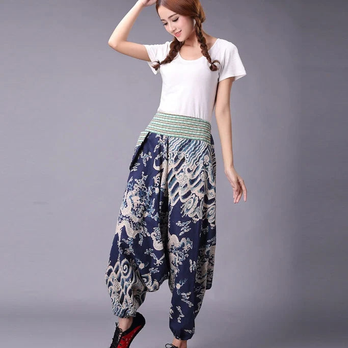 Blue Mythic Cloud Flow Harem Pants with striped waistband and ornate cloud pattern