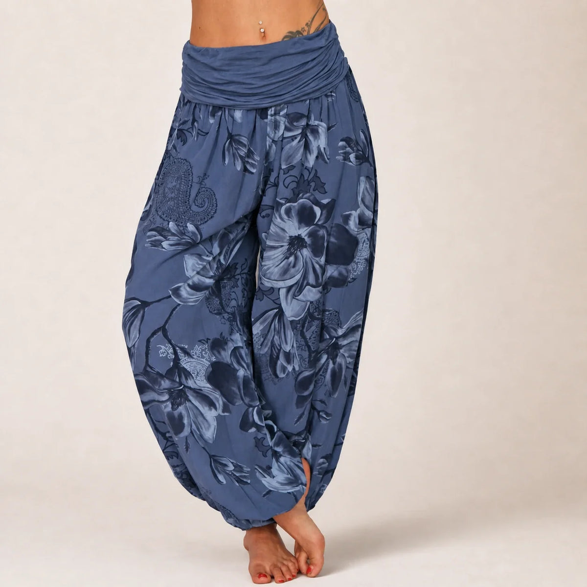 Paisley Bloom Harem Pants in sapphire blue floral print, front view