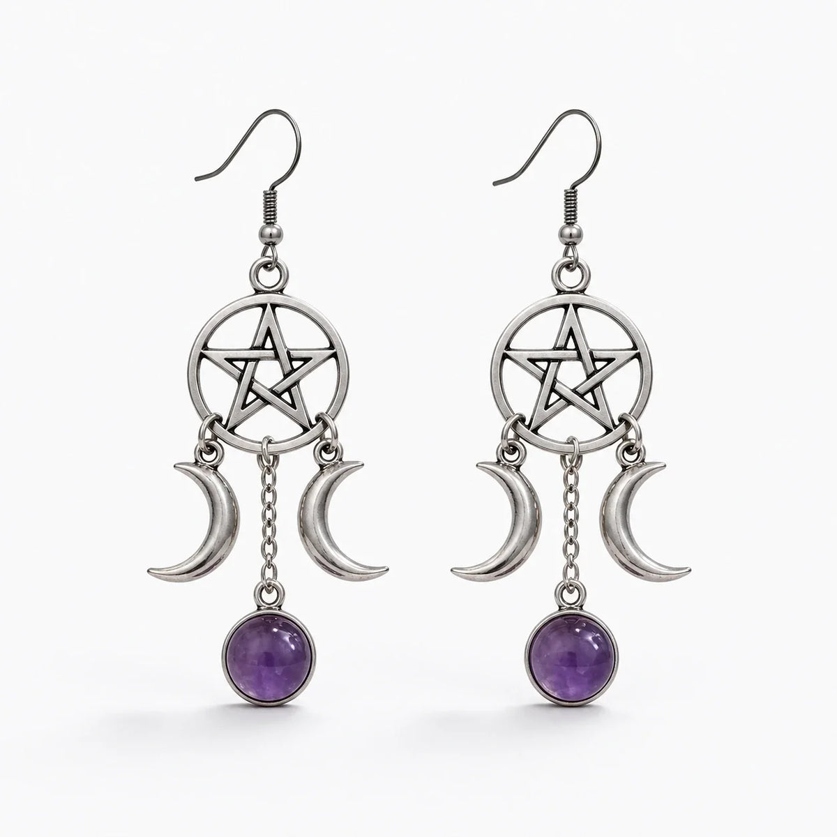 Silver-tone Triple Moon pentacle earrings with purple amethyst drops