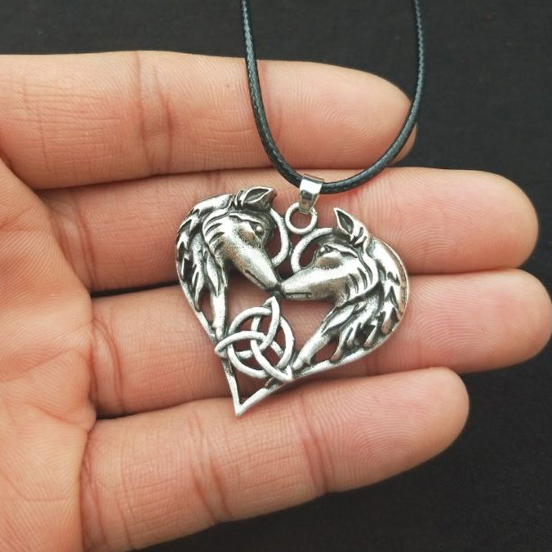 CELTIC TRINITY KNOT HEART SHAPED WOLVES NECKLACE