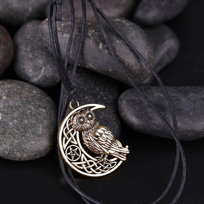 Mystical Owl and Crescent Moon Pentacle Necklace: A Wiccan Amulet for Owl Enthusiasts