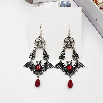 Pentacle Red Vampire Bat Wing Earrings