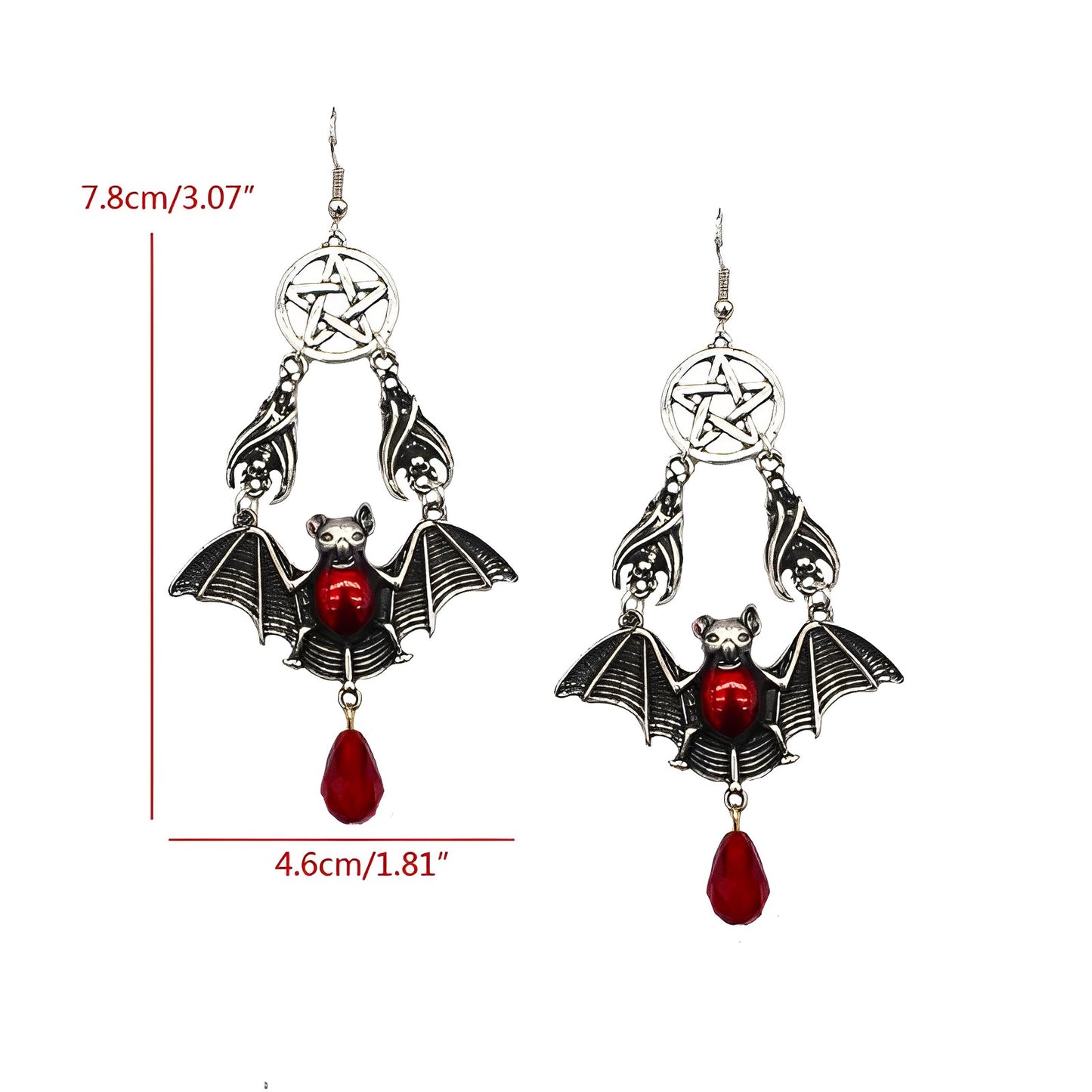 Pentacle Red Vampire Bat Wing Earrings