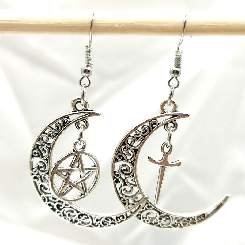 Divine Pentacle Athame Crescent Moon Earrings