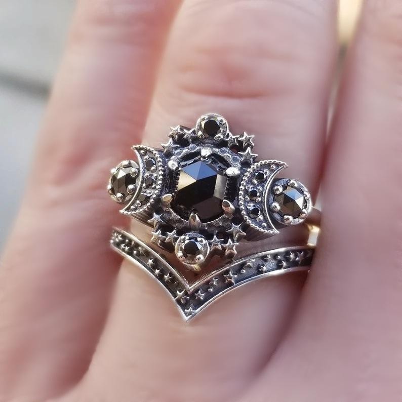 Gothic Starlit Black Agate Moon Ring Set