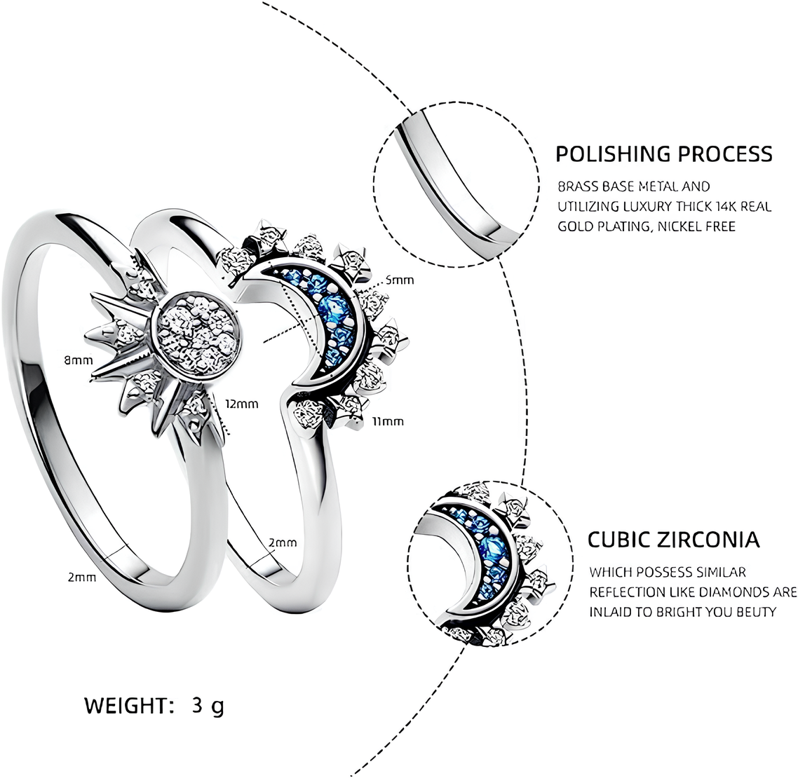 Starry Night Duo: Celestial Blue Sparkling Moon & Sun 2-Piece Rhinestone Ring Set