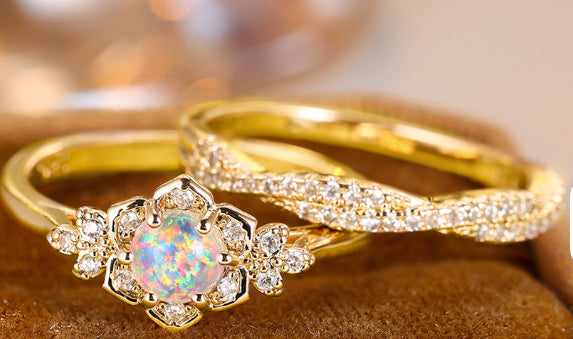 Floral Opal Blossom Ring Set