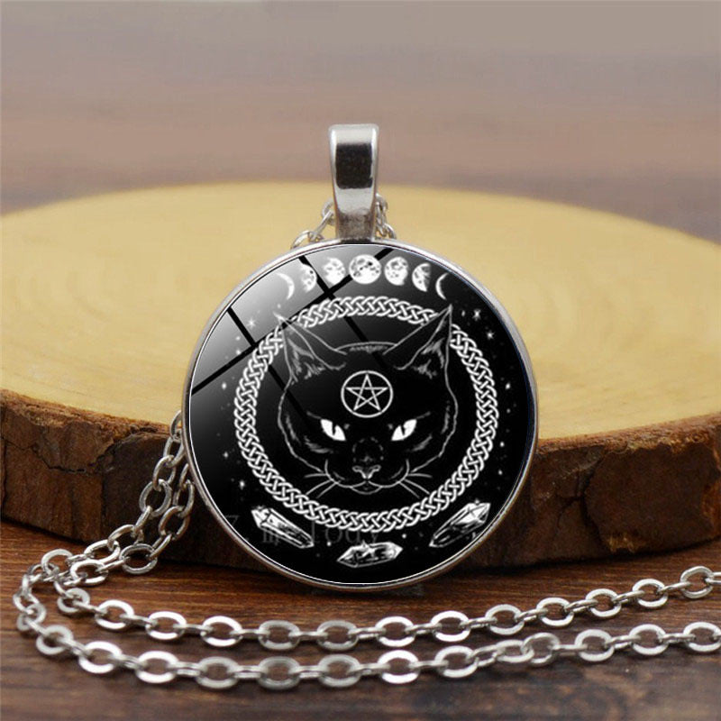 Black Cat Moon Phases Pendant Necklace