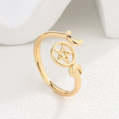 Divine Pentacle Crescent Moon Ring