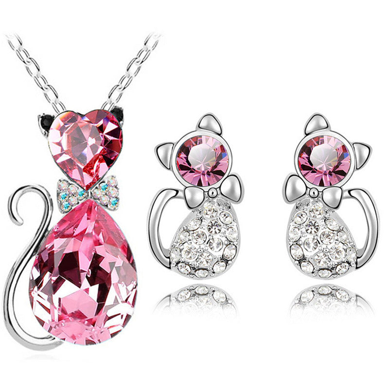 Mystique Feline Aura: Austrian Crystal Cat Jewelry Set