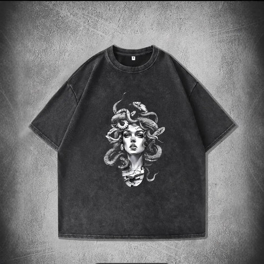 Washed black Medusa serpent gaze graphic T-shirt