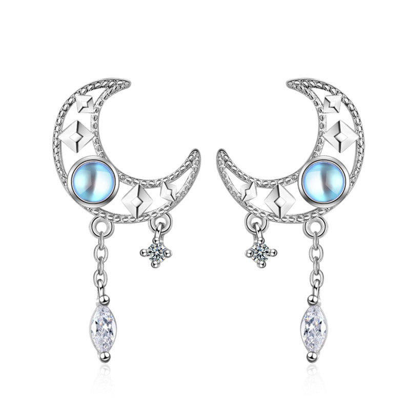 Mystic Blue Crescent Tassel Stud Earrings