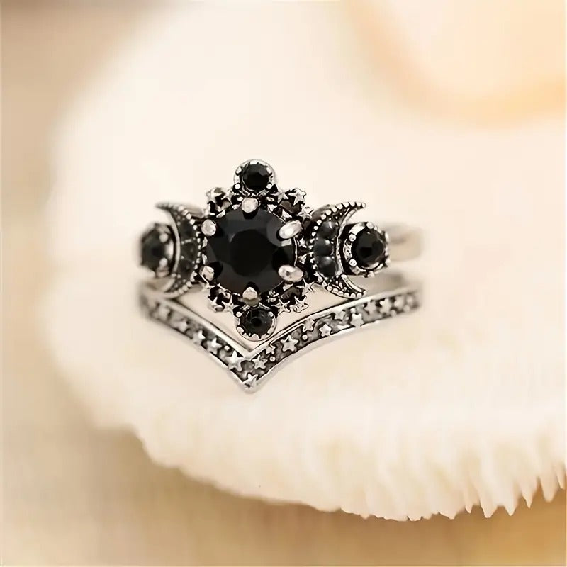 Black Agate Moon Ring Set
