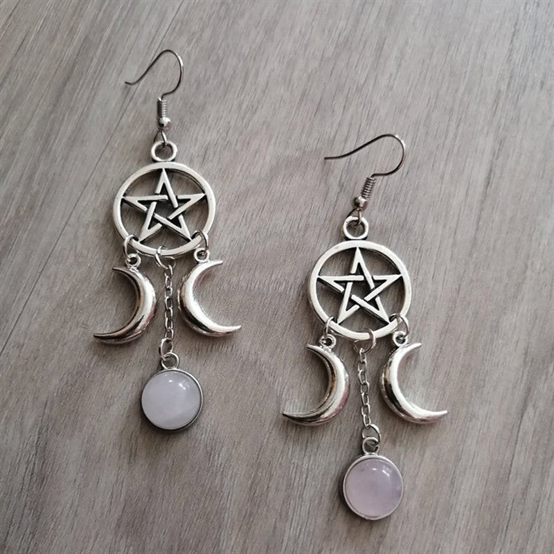 Triple Moon Goddess Pentagram Earrings