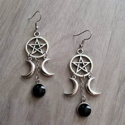 Triple Moon Goddess Pentagram Earrings