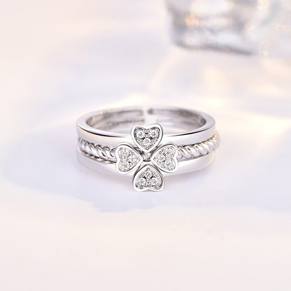 Fortune Four-Leaf Clover Crystal Ring set 3 in 1