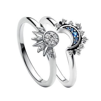 Starry Night Duo: Celestial Blue Sparkling Moon & Sun 2-Piece Rhinestone Ring Set