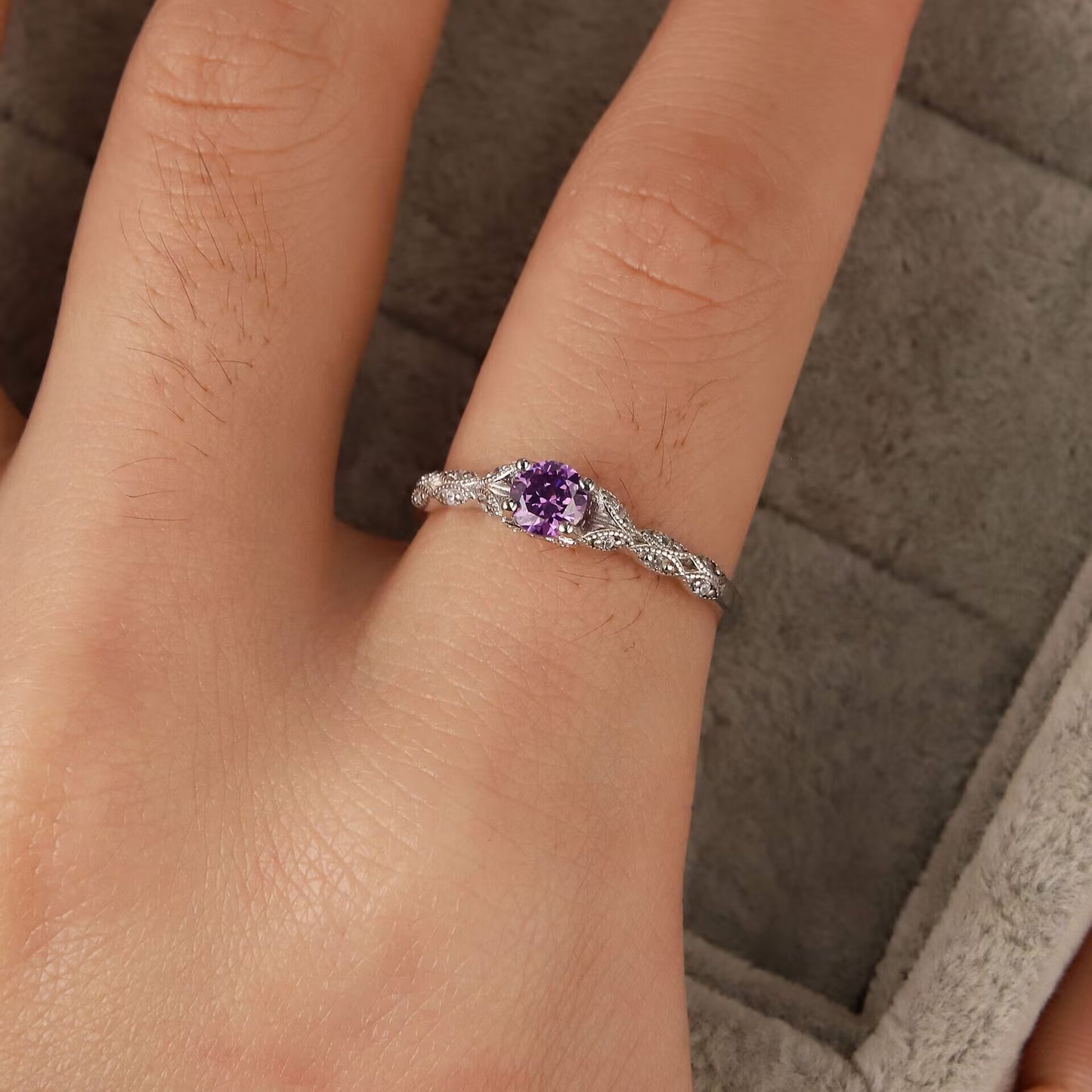 Luminous Amethyst Leaf Ring
