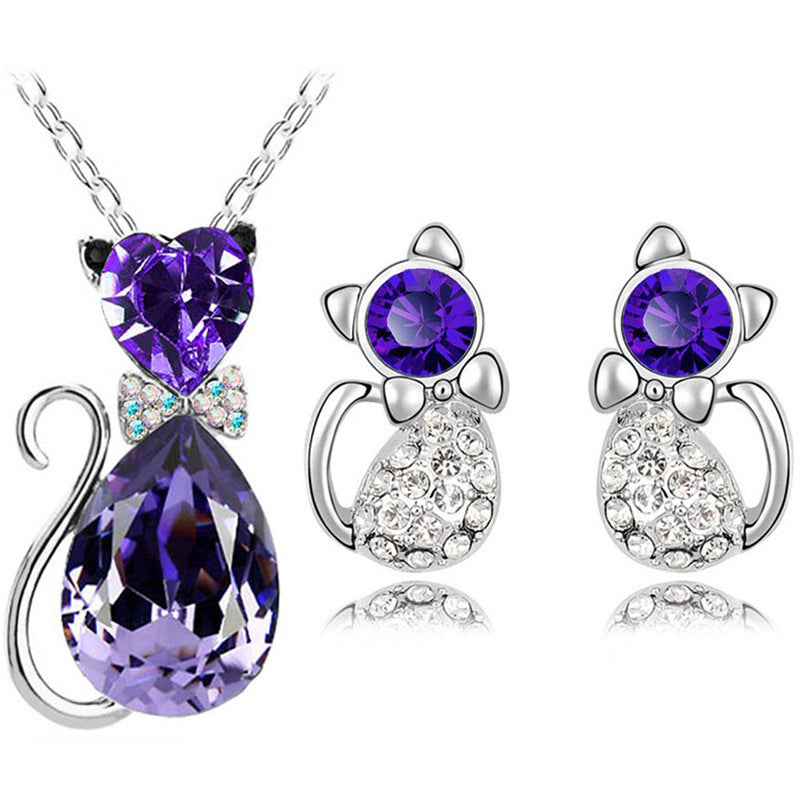 Mystique Feline Aura: Austrian Crystal Cat Jewelry Set