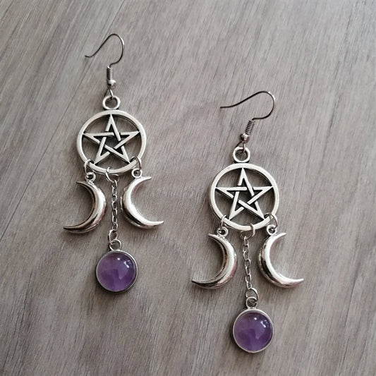 Triple Moon Goddess Pentagram Earrings