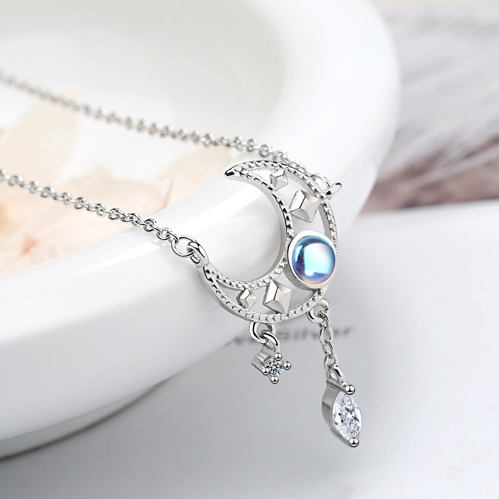 Mystic Blue Crescent Tassel Necklace