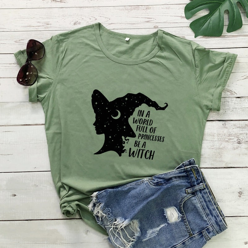 Witch silhouette with crescent moon and stars on a short-sleeve T-shirt