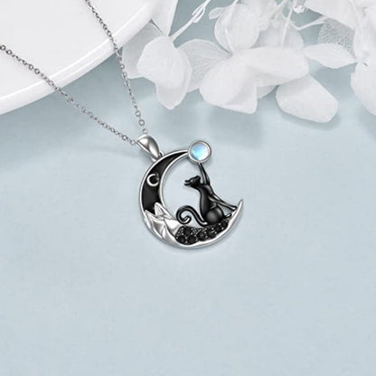 Moonchild's Mystique: Black Cat Crescent Moonstone Talisman Necklace