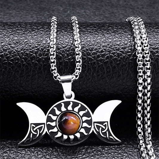 Mystic Triple Moon Goddess Tiger Eye Necklace