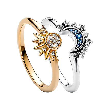 Starry Night Duo: Celestial Blue Sparkling Moon & Sun 2-Piece Rhinestone Ring Set