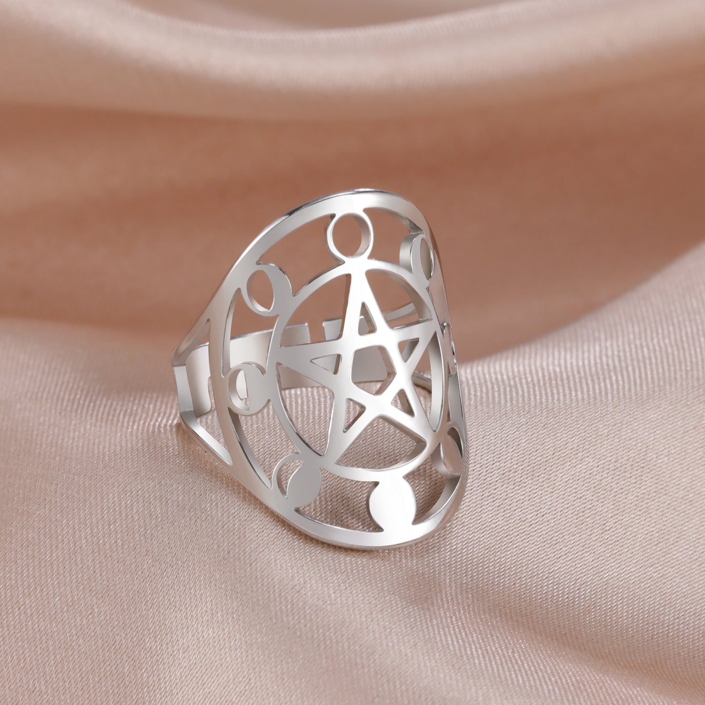 Mystical Stainless Steel Moon Phase Pentacle Ring