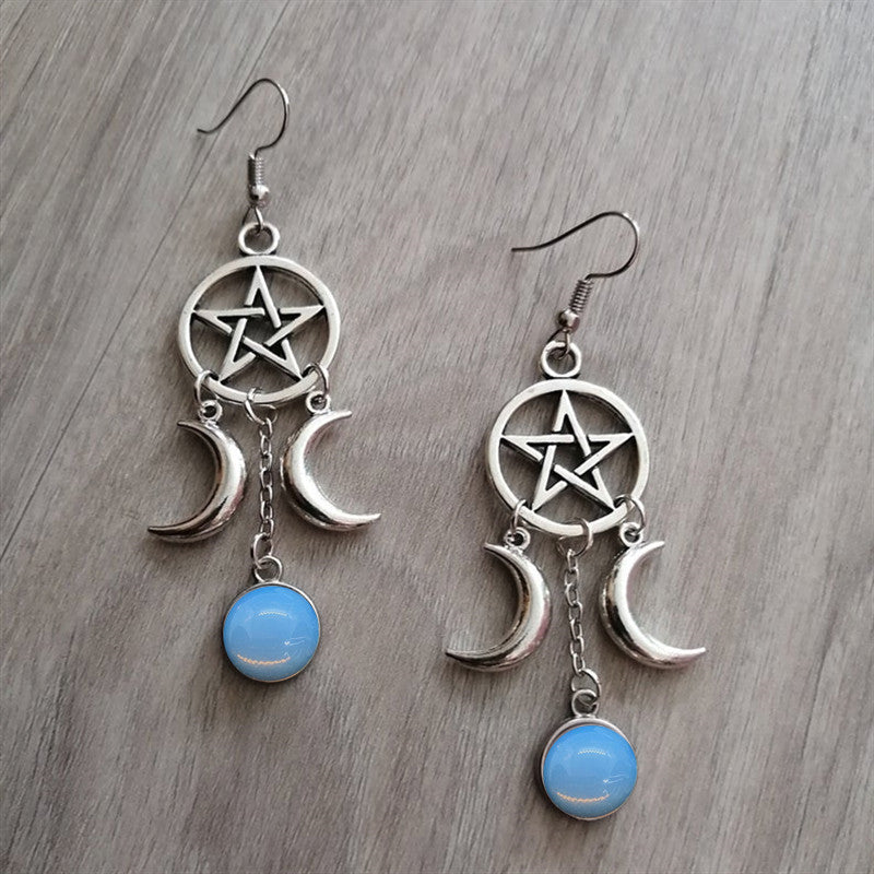 Triple Moon Goddess Pentagram Earrings