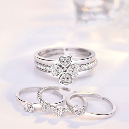 Fortune Four-Leaf Clover Crystal Ring set 3 in 1