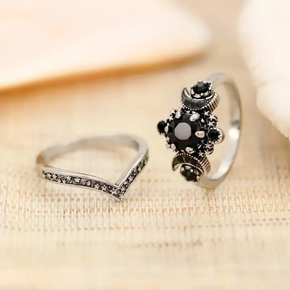 Gothic Starlit Black Agate Moon Ring Set