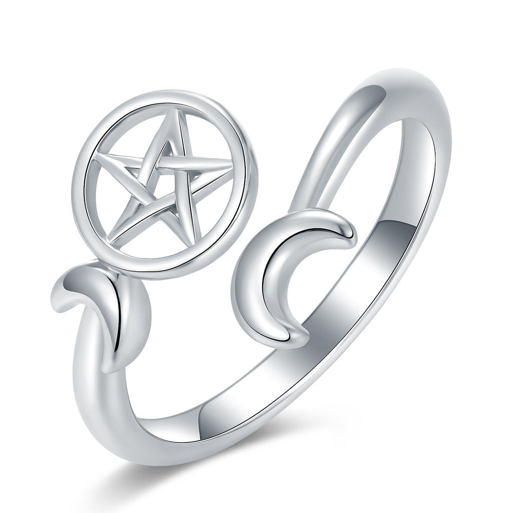 Divine Pentacle Crescent Moon Ring