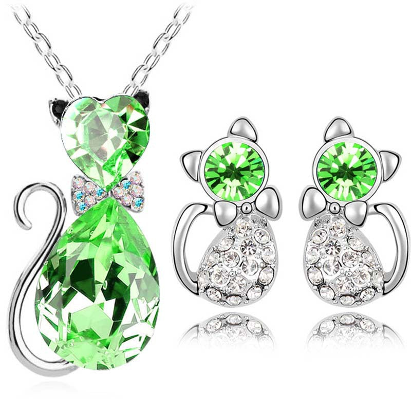 Mystique Feline Aura: Austrian Crystal Cat Jewelry Set