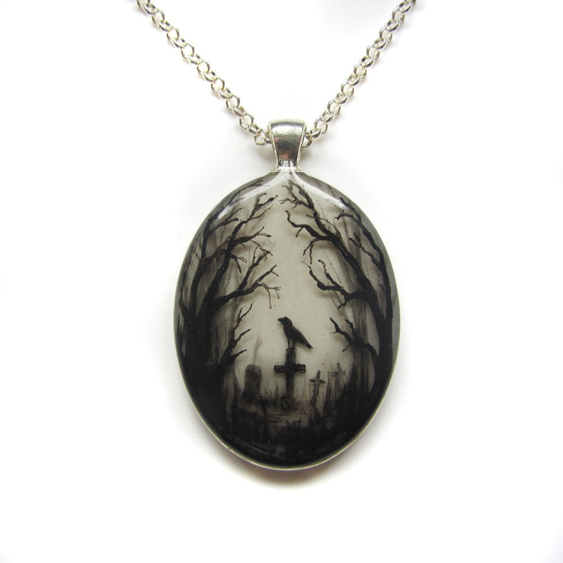 Gothic Crow Glass Pendant Necklace