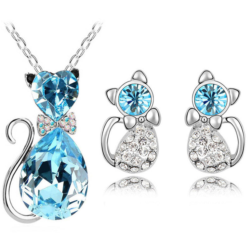 Mystique Feline Aura: Austrian Crystal Cat Jewelry Set