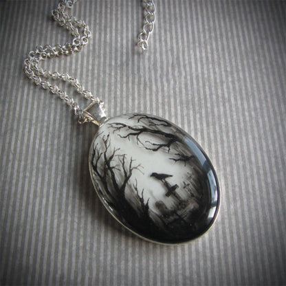 Gothic Crow Glass Pendant Necklace